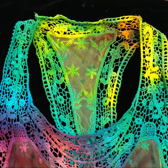 Tie dye crochet beach cover up lace top rainbow - Picture 3 of 8